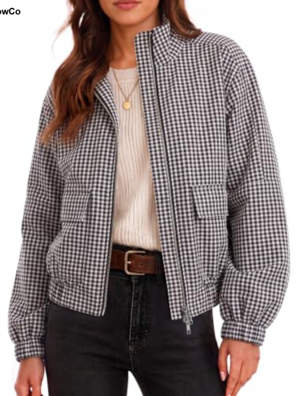 Womens Cropped Plaid Zip Up Lightweight Casual Jacket with Pockets